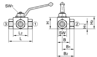 Рис.1. Чертеж шарового крана блочного 3-х ходового DN10 G3/8, тип L