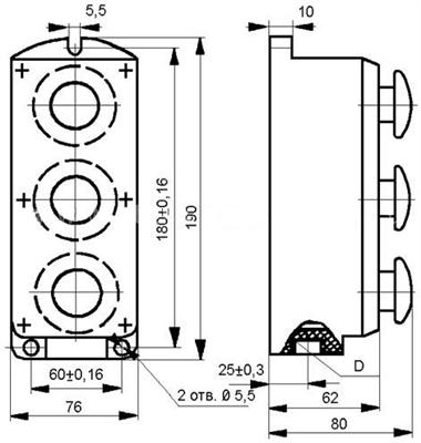 Рис.6. Габаритный чертеж переключателя ПКЕ-212(222)-3